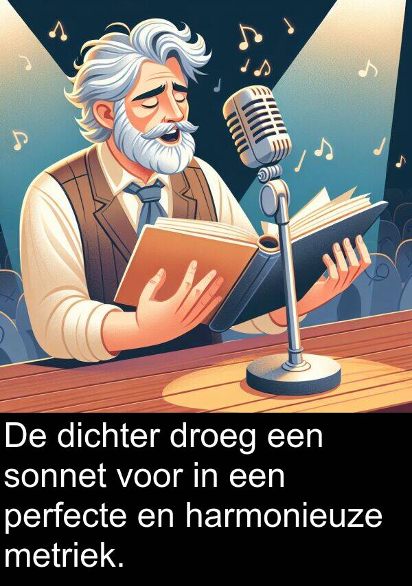 droeg: De dichter droeg een sonnet voor in een perfecte en harmonieuze metriek.