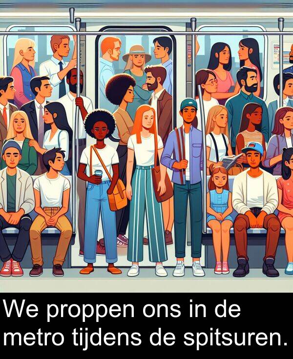 tijdens: We proppen ons in de metro tijdens de spitsuren.