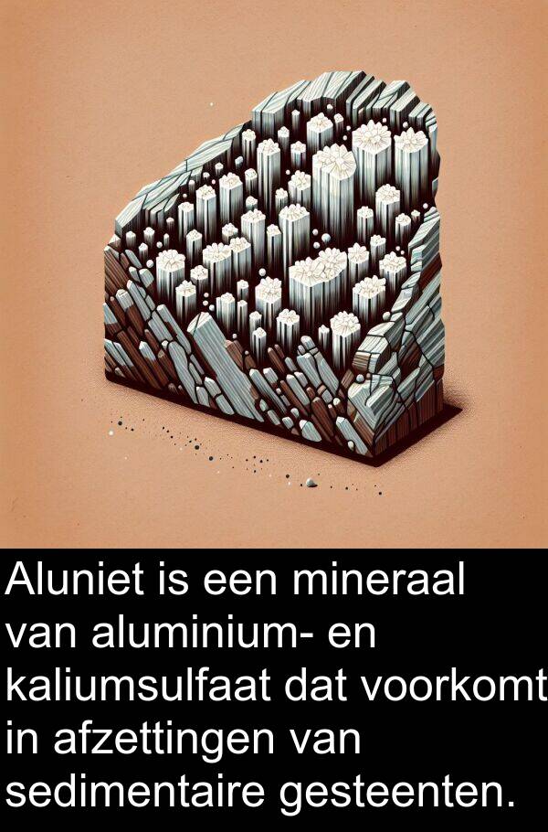 gesteenten: Aluniet is een mineraal van aluminium- en kaliumsulfaat dat voorkomt in afzettingen van sedimentaire gesteenten.
