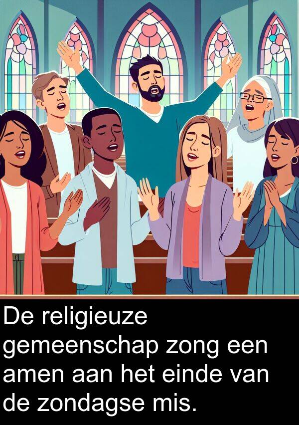 zondagse: De religieuze gemeenschap zong een amen aan het einde van de zondagse mis.