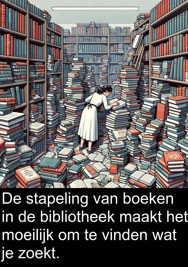 boeken: De stapeling van boeken in de bibliotheek maakt het moeilijk om te vinden wat je zoekt.