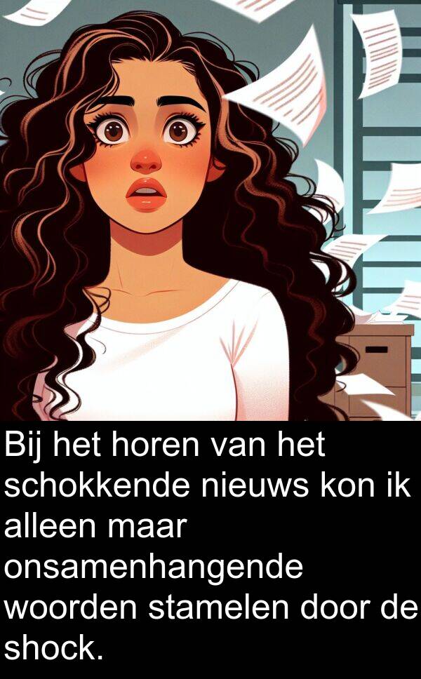 woorden: Bij het horen van het schokkende nieuws kon ik alleen maar onsamenhangende woorden stamelen door de shock.