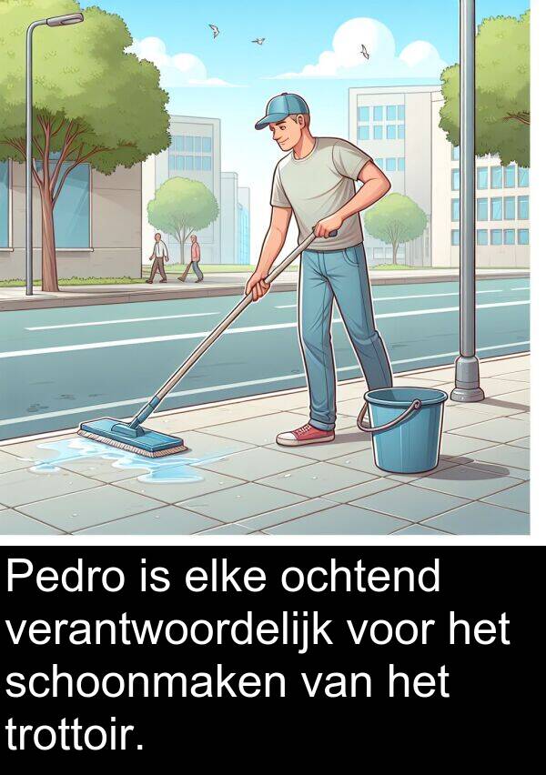 verantwoordelijk: Pedro is elke ochtend verantwoordelijk voor het schoonmaken van het trottoir.