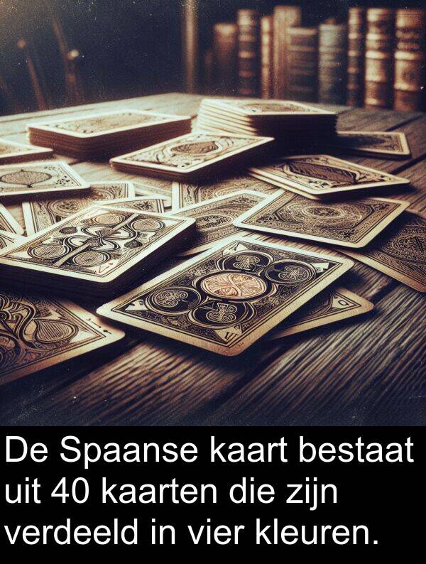 bestaat: De Spaanse kaart bestaat uit 40 kaarten die zijn verdeeld in vier kleuren.