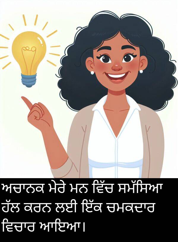 ਆਇਆ।: ਅਚਾਨਕ ਮੇਰੇ ਮਨ ਵਿੱਚ ਸਮੱਸਿਆ ਹੱਲ ਕਰਨ ਲਈ ਇੱਕ ਚਮਕਦਾਰ ਵਿਚਾਰ ਆਇਆ।