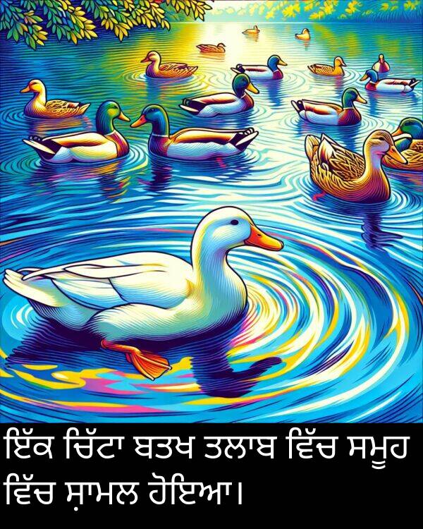 ਬਤਖ: ਇੱਕ ਚਿੱਟਾ ਬਤਖ ਤਲਾਬ ਵਿੱਚ ਸਮੂਹ ਵਿੱਚ ਸ਼ਾਮਲ ਹੋਇਆ।