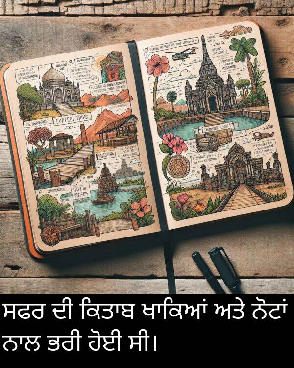 ਸਫਰ: ਸਫਰ ਦੀ ਕਿਤਾਬ ਖਾਕਿਆਂ ਅਤੇ ਨੋਟਾਂ ਨਾਲ ਭਰੀ ਹੋਈ ਸੀ।