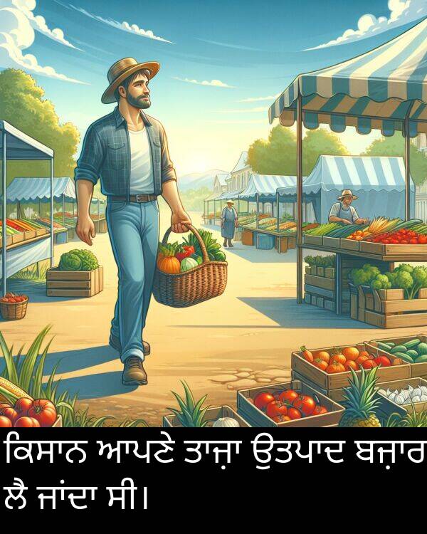 ਆਪਣੇ: ਕਿਸਾਨ ਆਪਣੇ ਤਾਜ਼ਾ ਉਤਪਾਦ ਬਜ਼ਾਰ ਲੈ ਜਾਂਦਾ ਸੀ।