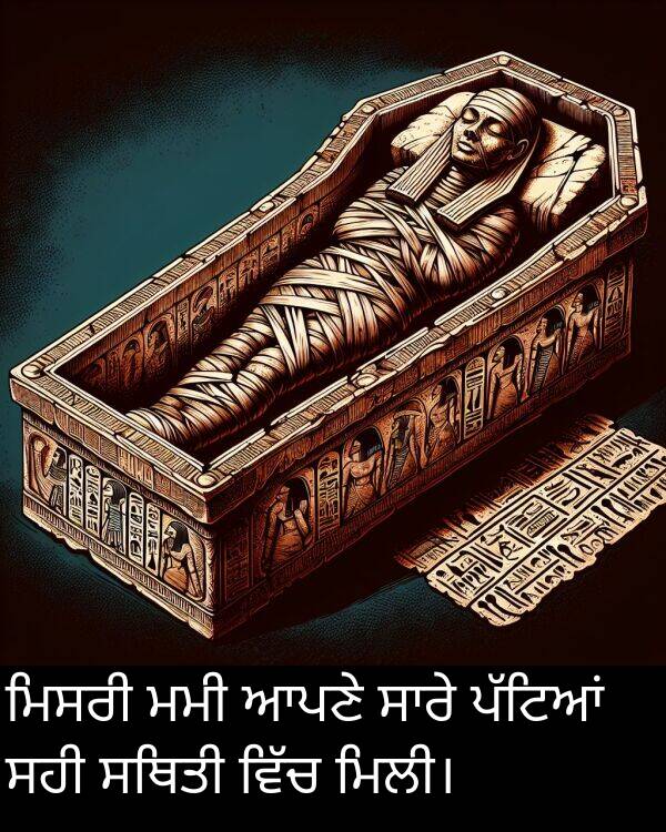 ਸਥਿਤੀ: ਮਿਸਰੀ ਮਮੀ ਆਪਣੇ ਸਾਰੇ ਪੱਟਿਆਂ ਸਹੀ ਸਥਿਤੀ ਵਿੱਚ ਮਿਲੀ।