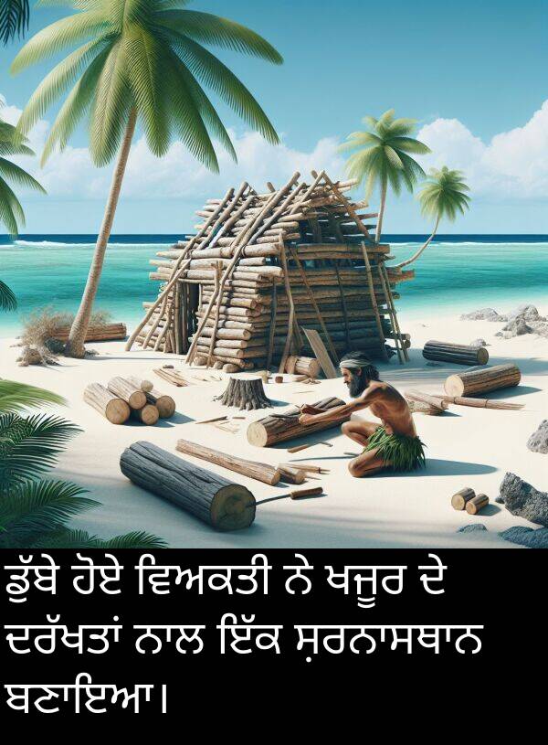 ਵਿਅਕਤੀ: ਡੁੱਬੇ ਹੋਏ ਵਿਅਕਤੀ ਨੇ ਖਜੂਰ ਦੇ ਦਰੱਖਤਾਂ ਨਾਲ ਇੱਕ ਸ਼ਰਨਾਸਥਾਨ ਬਣਾਇਆ।