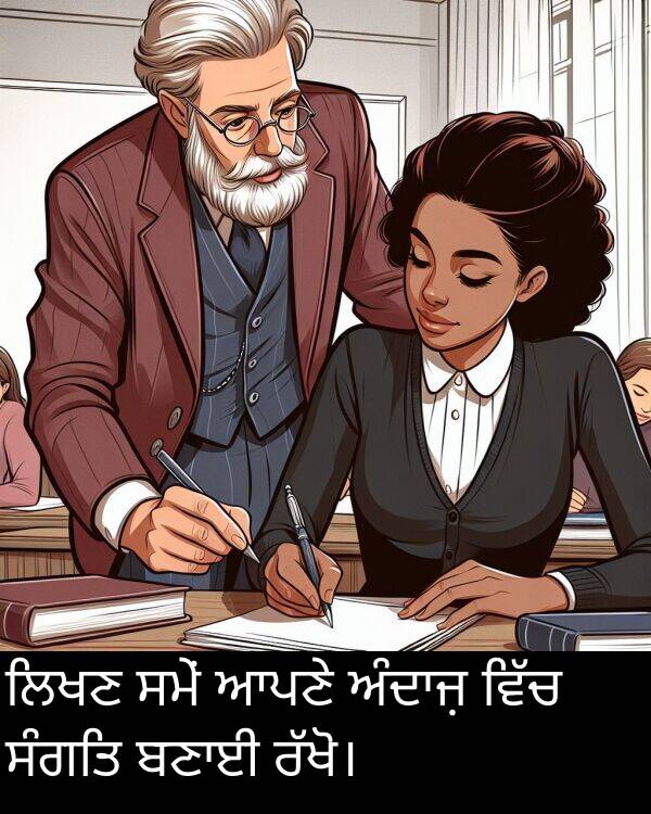 ਲਿਖਣ: ਲਿਖਣ ਸਮੇਂ ਆਪਣੇ ਅੰਦਾਜ਼ ਵਿੱਚ ਸੰਗਤਿ ਬਣਾਈ ਰੱਖੋ।