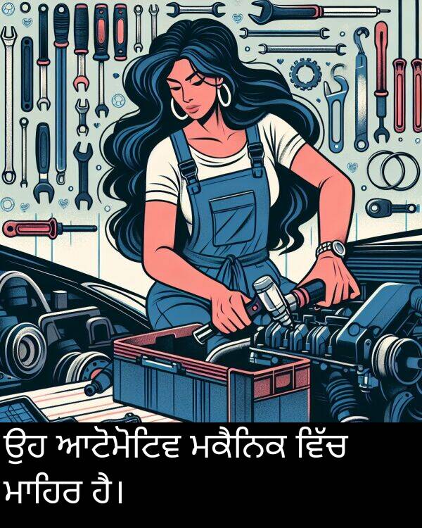 ਆਟੋਮੋਟਿਵ: ਉਹ ਆਟੋਮੋਟਿਵ ਮਕੈਨਿਕ ਵਿੱਚ ਮਾਹਿਰ ਹੈ।