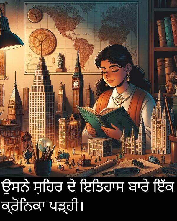 ਪੜ੍ਹੀ।: ਉਸਨੇ ਸ਼ਹਿਰ ਦੇ ਇਤਿਹਾਸ ਬਾਰੇ ਇੱਕ ਕ੍ਰੋਨਿਕਾ ਪੜ੍ਹੀ।