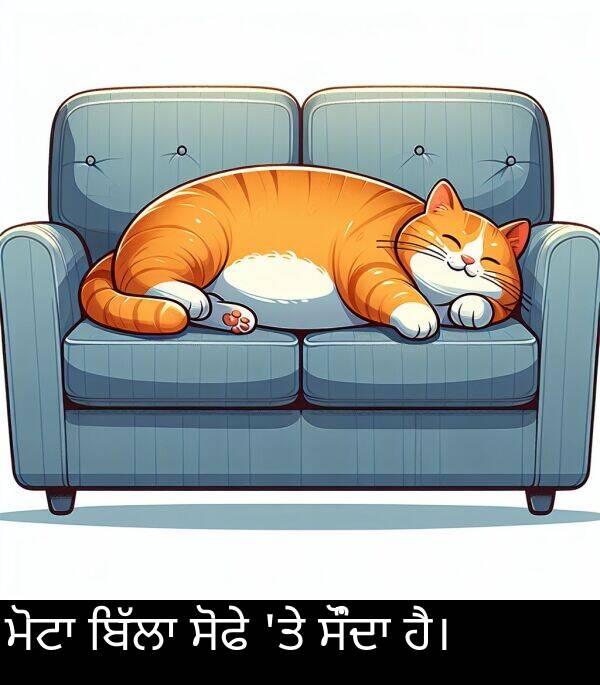 ਹੈ।: ਮੋਟਾ ਬਿੱਲਾ ਸੋਫੇ 'ਤੇ ਸੌਂਦਾ ਹੈ।