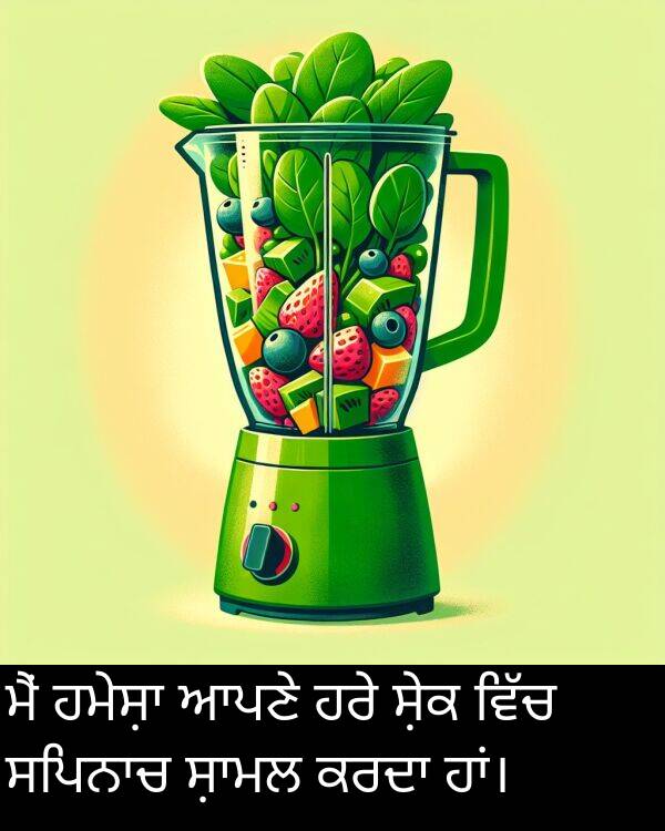 ਸ਼ੇਕ: ਮੈਂ ਹਮੇਸ਼ਾ ਆਪਣੇ ਹਰੇ ਸ਼ੇਕ ਵਿੱਚ ਸਪਿਨਾਚ ਸ਼ਾਮਲ ਕਰਦਾ ਹਾਂ।