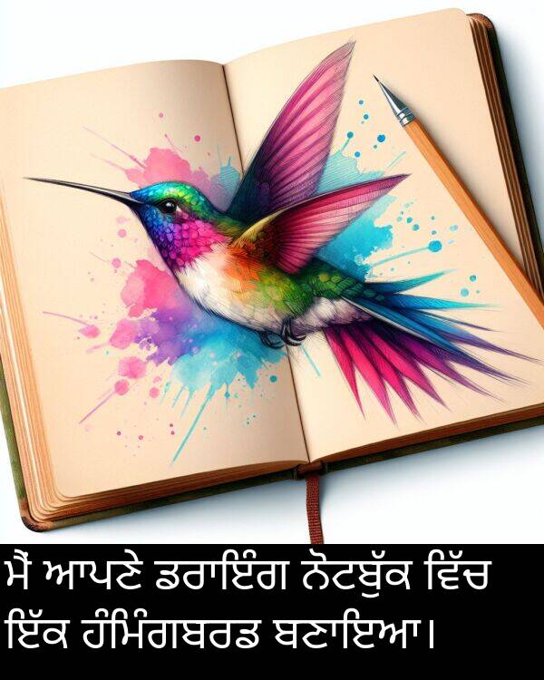 ਹੰਮਿੰਗਬਰਡ: ਮੈਂ ਆਪਣੇ ਡਰਾਇੰਗ ਨੋਟਬੁੱਕ ਵਿੱਚ ਇੱਕ ਹੰਮਿੰਗਬਰਡ ਬਣਾਇਆ।