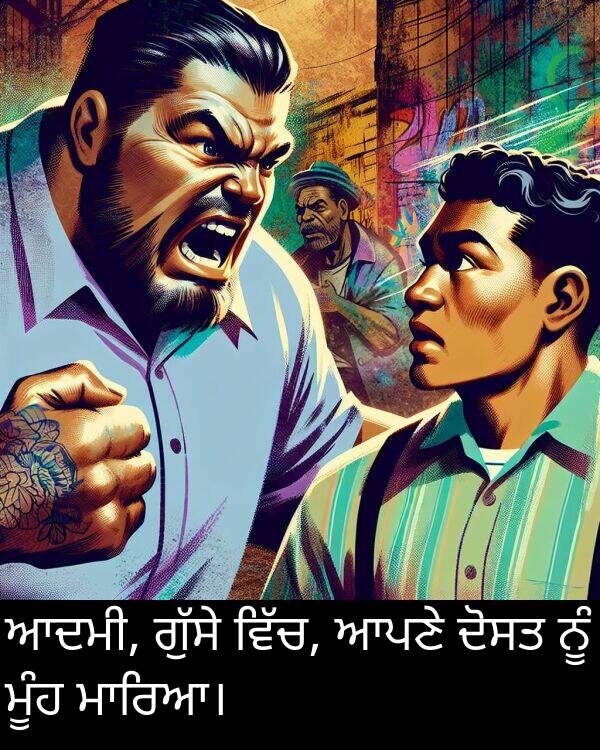 ਆਪਣੇ: ਆਦਮੀ, ਗੁੱਸੇ ਵਿੱਚ, ਆਪਣੇ ਦੋਸਤ ਨੂੰ ਮੂੰਹ ਮਾਰਿਆ।
