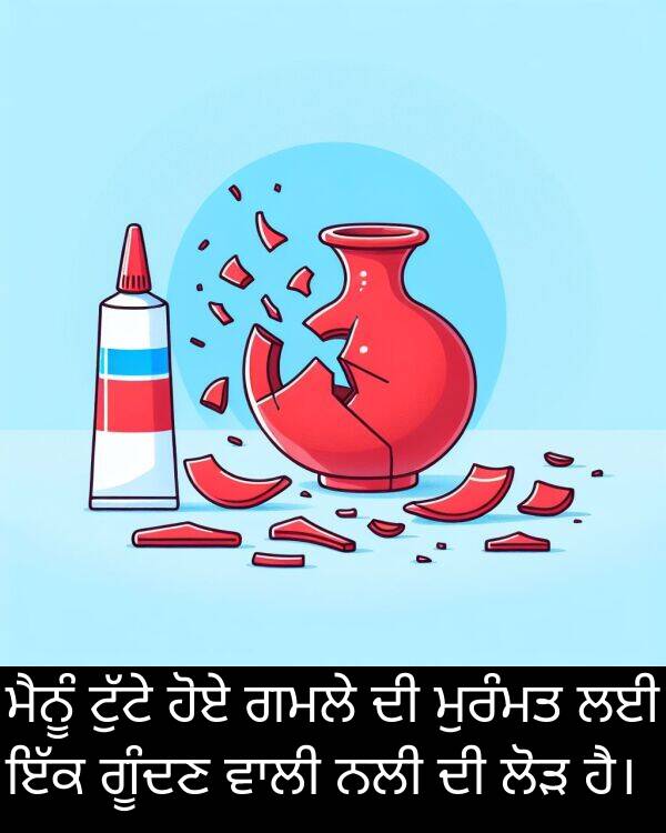 ਗਮਲੇ: ਮੈਨੂੰ ਟੁੱਟੇ ਹੋਏ ਗਮਲੇ ਦੀ ਮੁਰੰਮਤ ਲਈ ਇੱਕ ਗੂੰਦਣ ਵਾਲੀ ਨਲੀ ਦੀ ਲੋੜ ਹੈ।