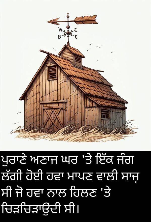 ਹਿਲਣ: ਪੁਰਾਣੇ ਅਣਾਜ ਘਰ 'ਤੇ ਇੱਕ ਜੰਗ ਲੱਗੀ ਹੋਈ ਹਵਾ ਮਾਪਣ ਵਾਲੀ ਸਾਜ਼ ਸੀ ਜੋ ਹਵਾ ਨਾਲ ਹਿਲਣ 'ਤੇ ਚਿੜਚਿੜਾਉਂਦੀ ਸੀ।