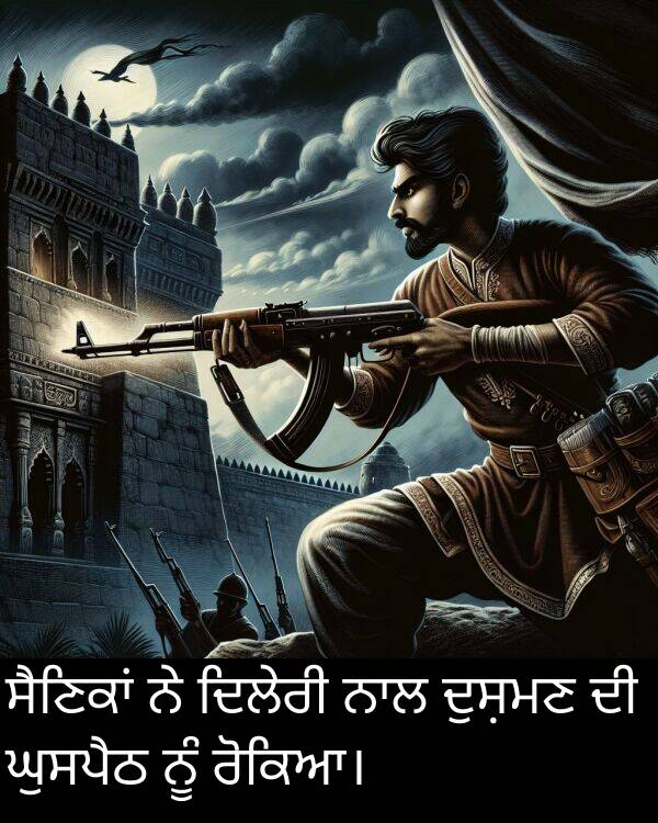 ਰੋਕਿਆ।: ਸੈਣਿਕਾਂ ਨੇ ਦਿਲੇਰੀ ਨਾਲ ਦੁਸ਼ਮਣ ਦੀ ਘੁਸਪੈਠ ਨੂੰ ਰੋਕਿਆ।