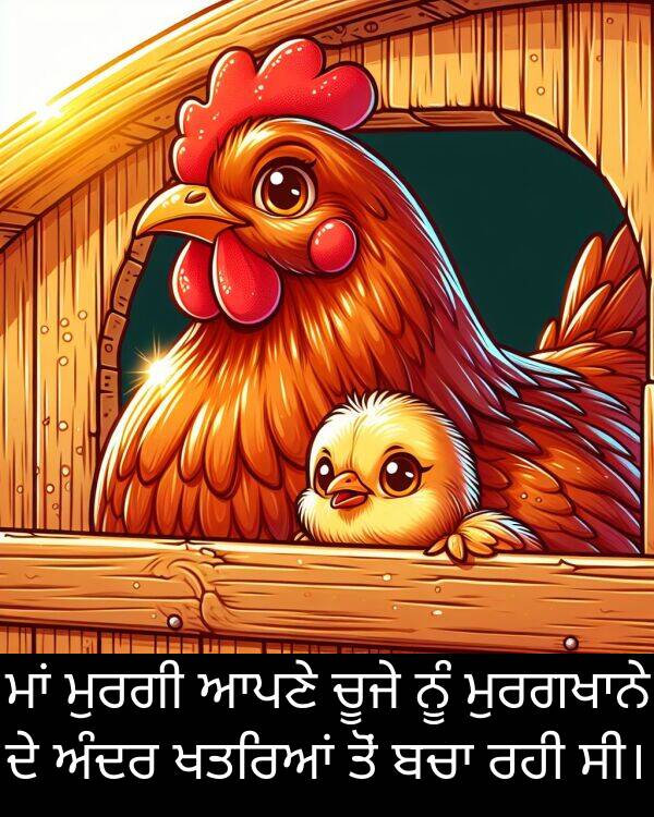 ਚੂਜੇ: ਮਾਂ ਮੁਰਗੀ ਆਪਣੇ ਚੂਜੇ ਨੂੰ ਮੁਰਗਖਾਨੇ ਦੇ ਅੰਦਰ ਖਤਰਿਆਂ ਤੋਂ ਬਚਾ ਰਹੀ ਸੀ।
