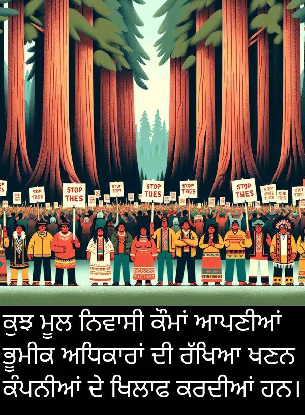 ਭੂਮੀਕ: ਕੁਝ ਮੂਲ ਨਿਵਾਸੀ ਕੌਮਾਂ ਆਪਣੀਆਂ ਭੂਮੀਕ ਅਧਿਕਾਰਾਂ ਦੀ ਰੱਖਿਆ ਖਣਨ ਕੰਪਨੀਆਂ ਦੇ ਖਿਲਾਫ ਕਰਦੀਆਂ ਹਨ।
