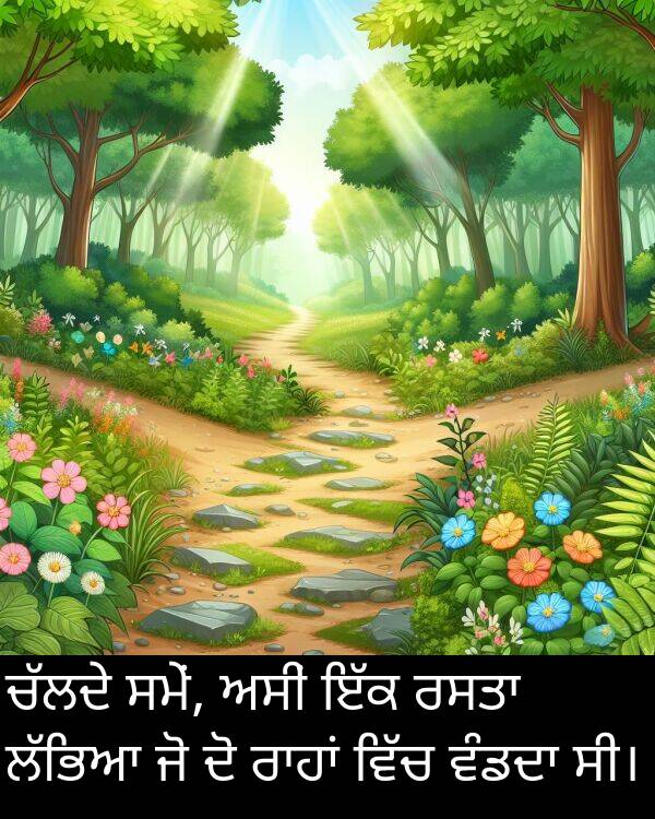 ਸਮੇਂ: ਚੱਲਦੇ ਸਮੇਂ, ਅਸੀਂ ਇੱਕ ਰਸਤਾ ਲੱਭਿਆ ਜੋ ਦੋ ਰਾਹਾਂ ਵਿੱਚ ਵੰਡਦਾ ਸੀ।