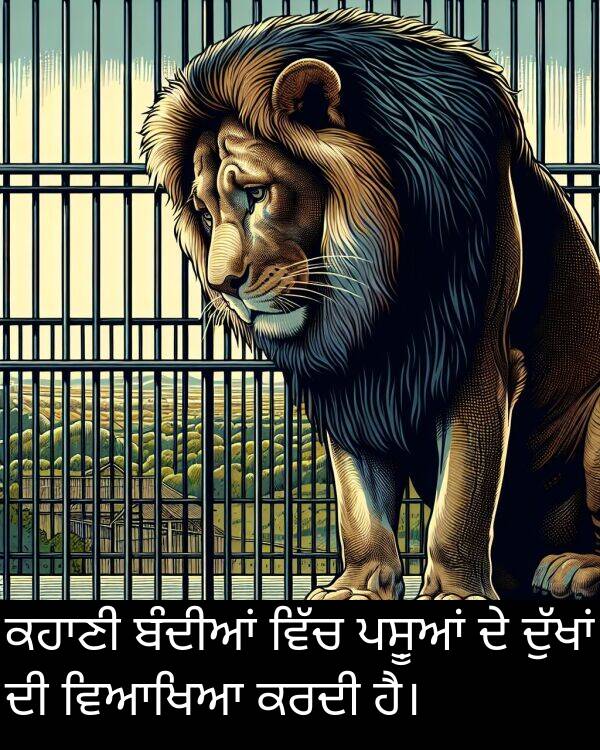 ਕਰਦੀ: ਕਹਾਣੀ ਬੰਦੀਆਂ ਵਿੱਚ ਪਸ਼ੂਆਂ ਦੇ ਦੁੱਖਾਂ ਦੀ ਵਿਆਖਿਆ ਕਰਦੀ ਹੈ।