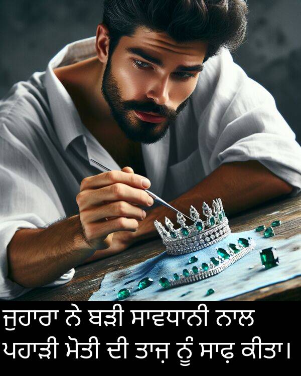 ਬੜੀ: ਜੁਹਾਰਾ ਨੇ ਬੜੀ ਸਾਵਧਾਨੀ ਨਾਲ ਪਹਾੜੀ ਮੋਤੀ ਦੀ ਤਾਜ਼ ਨੂੰ ਸਾਫ਼ ਕੀਤਾ।