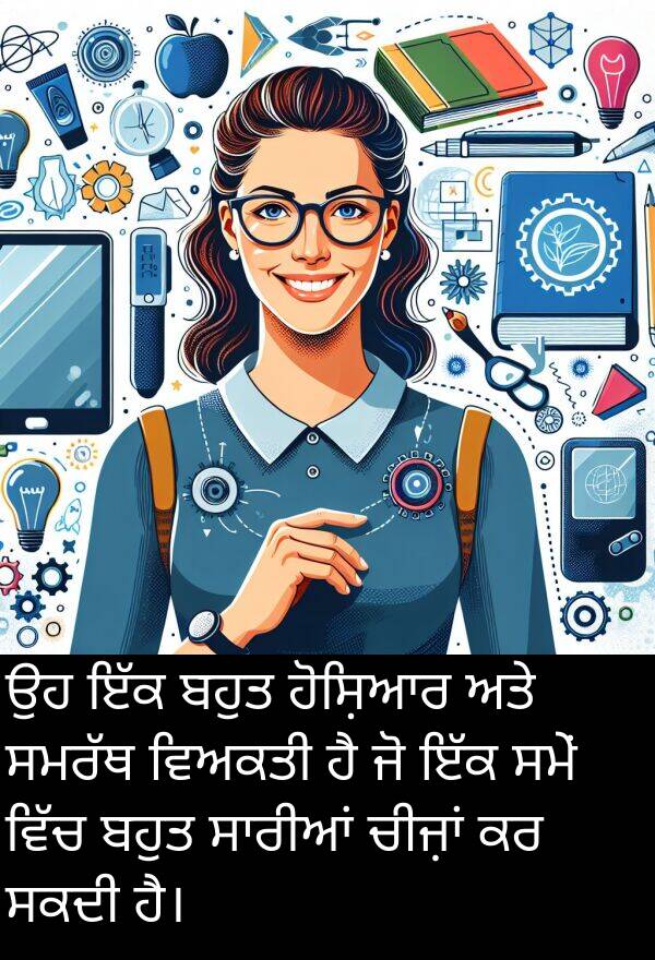 ਵਿਅਕਤੀ: ਉਹ ਇੱਕ ਬਹੁਤ ਹੋਸ਼ਿਆਰ ਅਤੇ ਸਮਰੱਥ ਵਿਅਕਤੀ ਹੈ ਜੋ ਇੱਕ ਸਮੇਂ ਵਿੱਚ ਬਹੁਤ ਸਾਰੀਆਂ ਚੀਜ਼ਾਂ ਕਰ ਸਕਦੀ ਹੈ।