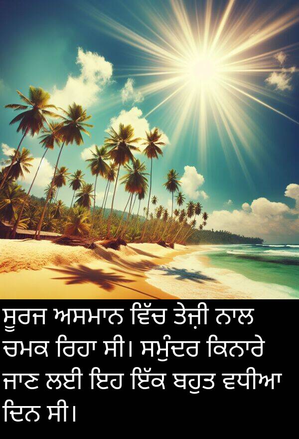 ਤੇਜ਼ੀ: ਸੂਰਜ ਅਸਮਾਨ ਵਿੱਚ ਤੇਜ਼ੀ ਨਾਲ ਚਮਕ ਰਿਹਾ ਸੀ। ਸਮੁੰਦਰ ਕਿਨਾਰੇ ਜਾਣ ਲਈ ਇਹ ਇੱਕ ਬਹੁਤ ਵਧੀਆ ਦਿਨ ਸੀ।