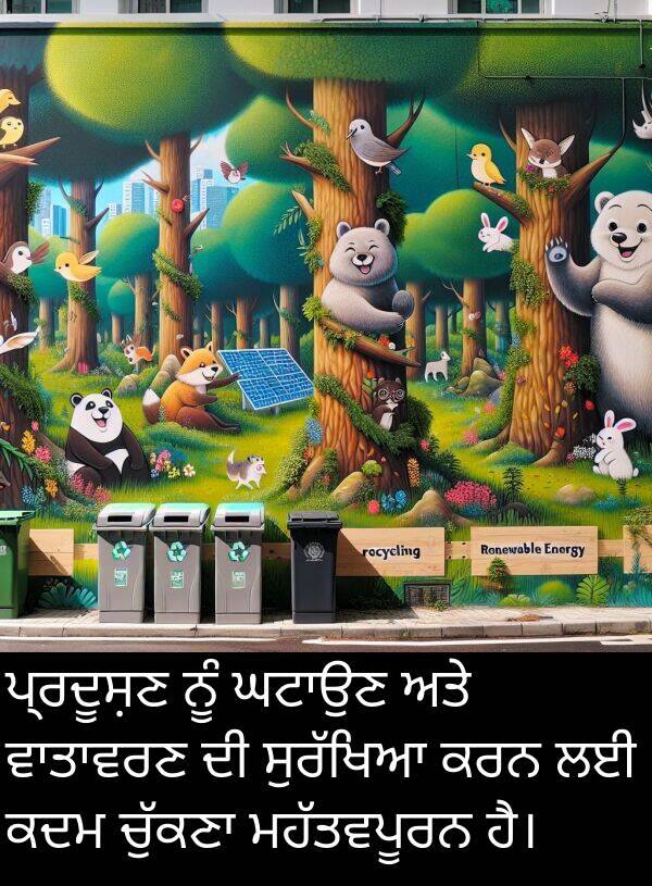 ਕਦਮ: ਪ੍ਰਦੂਸ਼ਣ ਨੂੰ ਘਟਾਉਣ ਅਤੇ ਵਾਤਾਵਰਣ ਦੀ ਸੁਰੱਖਿਆ ਕਰਨ ਲਈ ਕਦਮ ਚੁੱਕਣਾ ਮਹੱਤਵਪੂਰਨ ਹੈ।