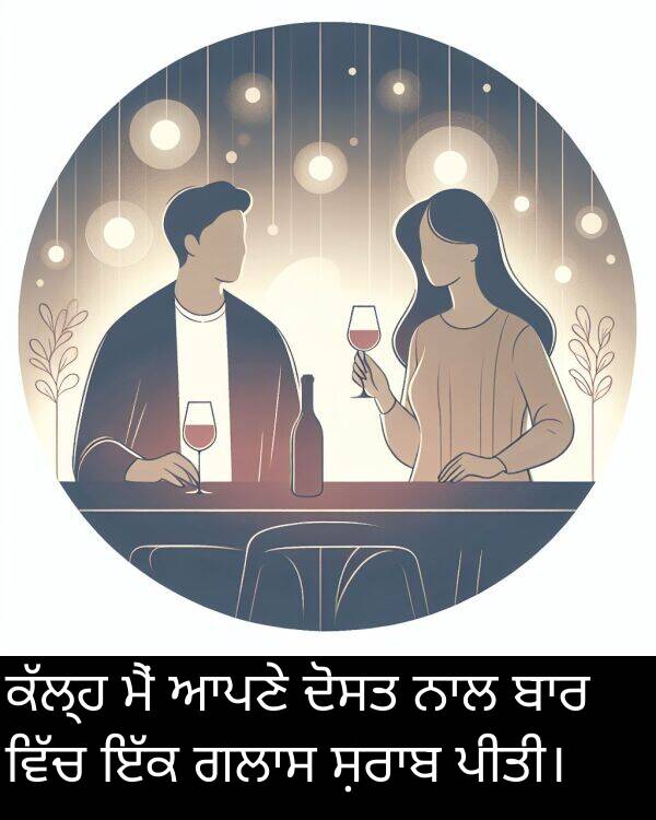 ਪੀਤੀ।: ਕੱਲ੍ਹ ਮੈਂ ਆਪਣੇ ਦੋਸਤ ਨਾਲ ਬਾਰ ਵਿੱਚ ਇੱਕ ਗਲਾਸ ਸ਼ਰਾਬ ਪੀਤੀ।