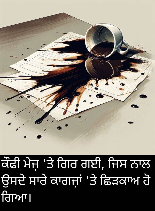 ਜਿਸ: ਕੌਫੀ ਮੇਜ਼ 'ਤੇ ਗਿਰ ਗਈ, ਜਿਸ ਨਾਲ ਉਸਦੇ ਸਾਰੇ ਕਾਗਜ਼ਾਂ 'ਤੇ ਛਿੜਕਾਅ ਹੋ ਗਿਆ।