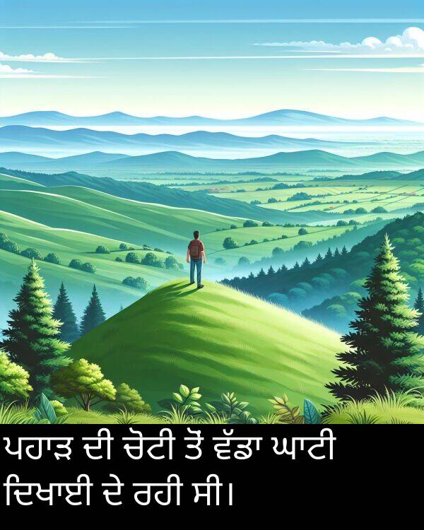 ਚੋਟੀ: ਪਹਾੜ ਦੀ ਚੋਟੀ ਤੋਂ ਵੱਡਾ ਘਾਟੀ ਦਿਖਾਈ ਦੇ ਰਹੀ ਸੀ।