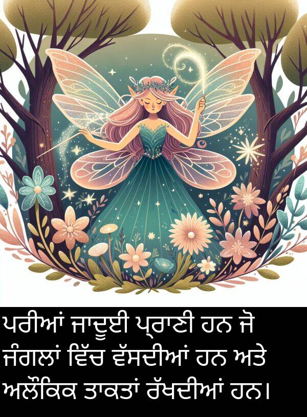 ਅਲੌਕਿਕ: ਪਰੀਆਂ ਜਾਦੂਈ ਪ੍ਰਾਣੀ ਹਨ ਜੋ ਜੰਗਲਾਂ ਵਿੱਚ ਵੱਸਦੀਆਂ ਹਨ ਅਤੇ ਅਲੌਕਿਕ ਤਾਕਤਾਂ ਰੱਖਦੀਆਂ ਹਨ।