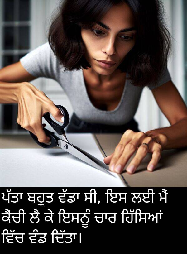 ਇਸਨੂੰ: ਪੱਤਾ ਬਹੁਤ ਵੱਡਾ ਸੀ, ਇਸ ਲਈ ਮੈਂ ਕੈਂਚੀ ਲੈ ਕੇ ਇਸਨੂੰ ਚਾਰ ਹਿੱਸਿਆਂ ਵਿੱਚ ਵੰਡ ਦਿੱਤਾ।