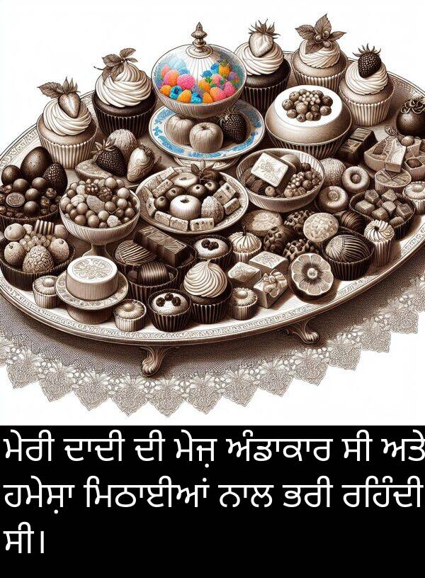 ਰਹਿੰਦੀ: ਮੇਰੀ ਦਾਦੀ ਦੀ ਮੇਜ਼ ਅੰਡਾਕਾਰ ਸੀ ਅਤੇ ਹਮੇਸ਼ਾ ਮਿਠਾਈਆਂ ਨਾਲ ਭਰੀ ਰਹਿੰਦੀ ਸੀ।