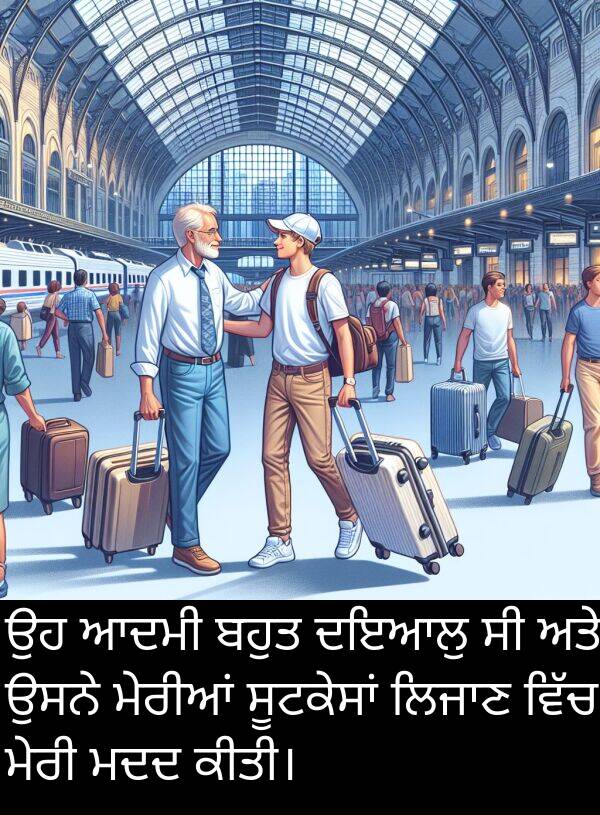 ਮੇਰੀਆਂ: ਉਹ ਆਦਮੀ ਬਹੁਤ ਦਇਆਲੁ ਸੀ ਅਤੇ ਉਸਨੇ ਮੇਰੀਆਂ ਸੂਟਕੇਸਾਂ ਲਿਜਾਣ ਵਿੱਚ ਮੇਰੀ ਮਦਦ ਕੀਤੀ।