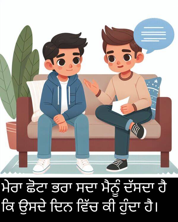 ਦਿਨ: ਮੇਰਾ ਛੋਟਾ ਭਰਾ ਸਦਾ ਮੈਨੂੰ ਦੱਸਦਾ ਹੈ ਕਿ ਉਸਦੇ ਦਿਨ ਵਿੱਚ ਕੀ ਹੁੰਦਾ ਹੈ।