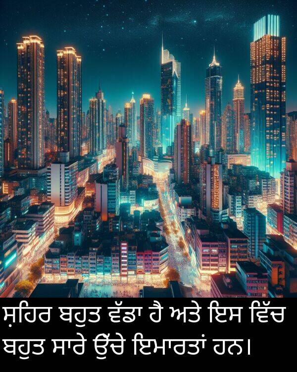 ਸ਼ਹਿਰ: ਸ਼ਹਿਰ ਬਹੁਤ ਵੱਡਾ ਹੈ ਅਤੇ ਇਸ ਵਿੱਚ ਬਹੁਤ ਸਾਰੇ ਉੱਚੇ ਇਮਾਰਤਾਂ ਹਨ।
