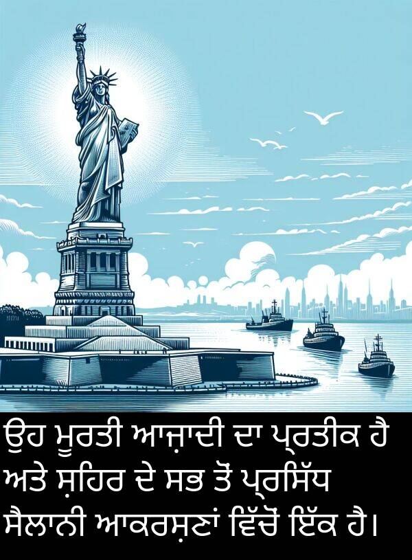 ਪ੍ਰਤੀਕ: ਉਹ ਮੂਰਤੀ ਆਜ਼ਾਦੀ ਦਾ ਪ੍ਰਤੀਕ ਹੈ ਅਤੇ ਸ਼ਹਿਰ ਦੇ ਸਭ ਤੋਂ ਪ੍ਰਸਿੱਧ ਸੈਲਾਨੀ ਆਕਰਸ਼ਣਾਂ ਵਿੱਚੋਂ ਇੱਕ ਹੈ।