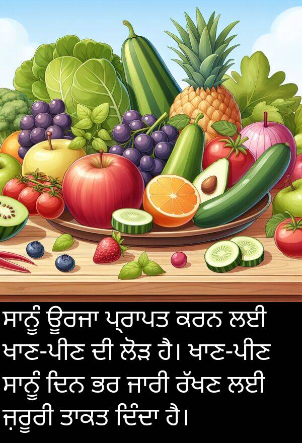 ਜ਼ਰੂਰੀ: ਸਾਨੂੰ ਊਰਜਾ ਪ੍ਰਾਪਤ ਕਰਨ ਲਈ ਖਾਣ-ਪੀਣ ਦੀ ਲੋੜ ਹੈ। ਖਾਣ-ਪੀਣ ਸਾਨੂੰ ਦਿਨ ਭਰ ਜਾਰੀ ਰੱਖਣ ਲਈ ਜ਼ਰੂਰੀ ਤਾਕਤ ਦਿੰਦਾ ਹੈ।