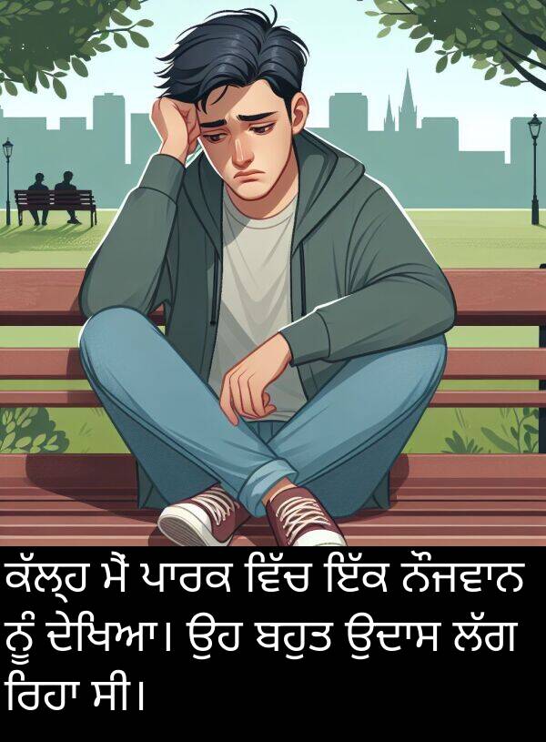 ਦੇਖਿਆ।: ਕੱਲ੍ਹ ਮੈਂ ਪਾਰਕ ਵਿੱਚ ਇੱਕ ਨੌਜਵਾਨ ਨੂੰ ਦੇਖਿਆ। ਉਹ ਬਹੁਤ ਉਦਾਸ ਲੱਗ ਰਿਹਾ ਸੀ।