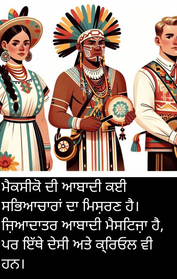 ਮਿਸ਼ਰਣ: ਮੈਕਸੀਕੋ ਦੀ ਆਬਾਦੀ ਕਈ ਸਭਿਆਚਾਰਾਂ ਦਾ ਮਿਸ਼ਰਣ ਹੈ। ਜ਼ਿਆਦਾਤਰ ਆਬਾਦੀ ਮੈਸਟਿਜ਼ਾ ਹੈ, ਪਰ ਇੱਥੇ ਦੇਸੀ ਅਤੇ ਕ੍ਰਿਓਲ ਵੀ ਹਨ।
