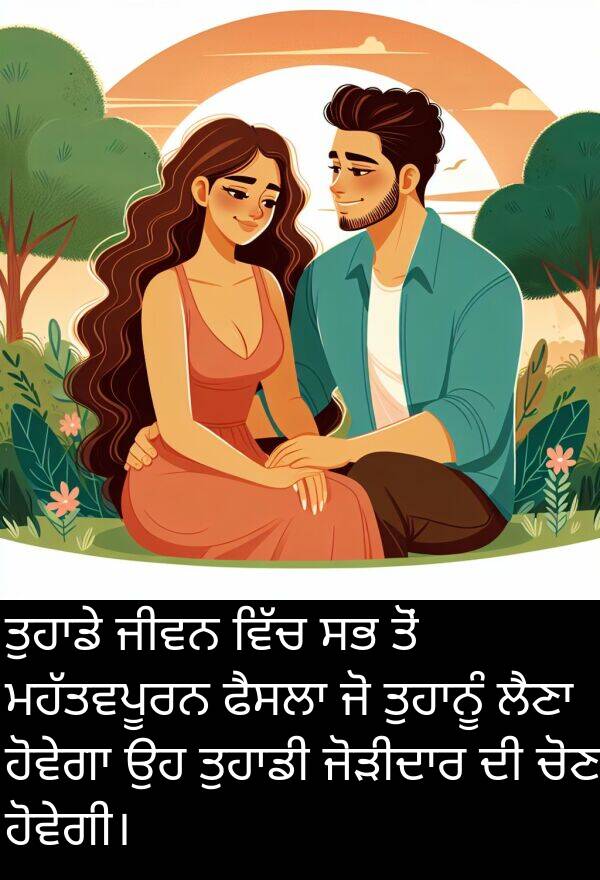 ਚੋਣ: ਤੁਹਾਡੇ ਜੀਵਨ ਵਿੱਚ ਸਭ ਤੋਂ ਮਹੱਤਵਪੂਰਨ ਫੈਸਲਾ ਜੋ ਤੁਹਾਨੂੰ ਲੈਣਾ ਹੋਵੇਗਾ ਉਹ ਤੁਹਾਡੀ ਜੋੜੀਦਾਰ ਦੀ ਚੋਣ ਹੋਵੇਗੀ।