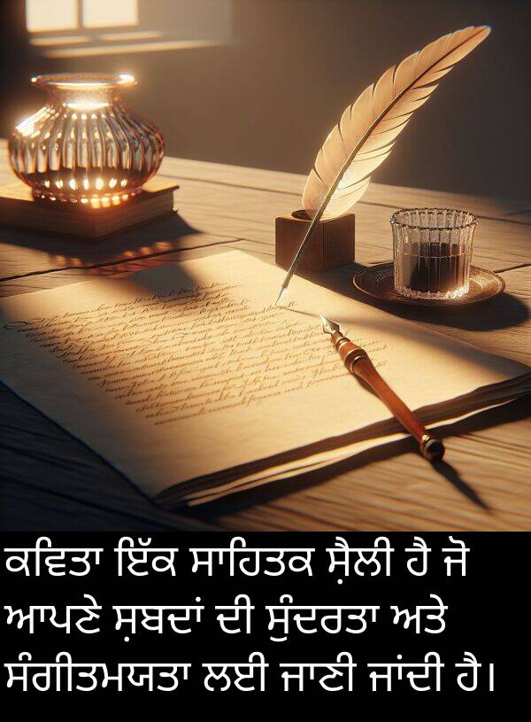 ਸ਼ੈਲੀ: ਕਵਿਤਾ ਇੱਕ ਸਾਹਿਤਕ ਸ਼ੈਲੀ ਹੈ ਜੋ ਆਪਣੇ ਸ਼ਬਦਾਂ ਦੀ ਸੁੰਦਰਤਾ ਅਤੇ ਸੰਗੀਤਮਯਤਾ ਲਈ ਜਾਣੀ ਜਾਂਦੀ ਹੈ।