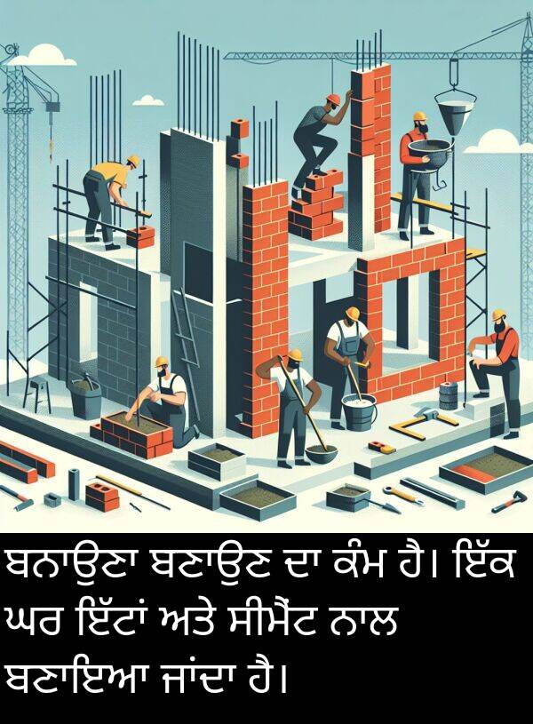 ਸੀਮੈਂਟ: ਬਨਾਉਣਾ ਬਣਾਉਣ ਦਾ ਕੰਮ ਹੈ। ਇੱਕ ਘਰ ਇੱਟਾਂ ਅਤੇ ਸੀਮੈਂਟ ਨਾਲ ਬਣਾਇਆ ਜਾਂਦਾ ਹੈ।