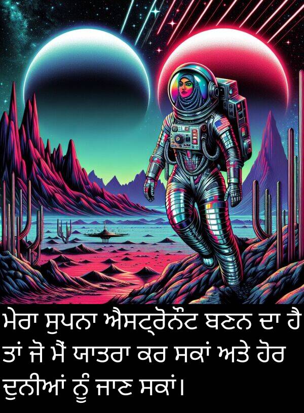 ਐਸਟ੍ਰੋਨੌਟ: ਮੇਰਾ ਸੁਪਨਾ ਐਸਟ੍ਰੋਨੌਟ ਬਣਨ ਦਾ ਹੈ ਤਾਂ ਜੋ ਮੈਂ ਯਾਤਰਾ ਕਰ ਸਕਾਂ ਅਤੇ ਹੋਰ ਦੁਨੀਆਂ ਨੂੰ ਜਾਣ ਸਕਾਂ।