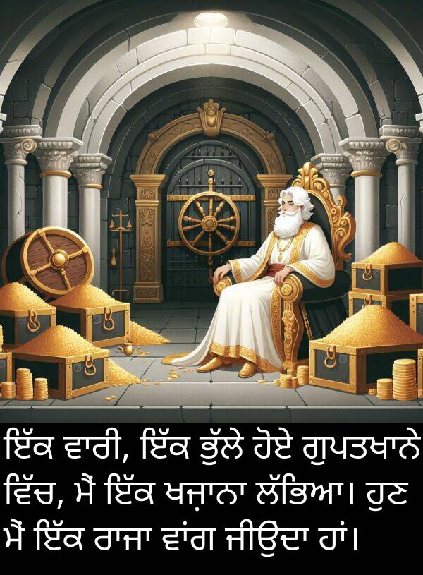 ਹੁਣ: ਇੱਕ ਵਾਰੀ, ਇੱਕ ਭੁੱਲੇ ਹੋਏ ਗੁਪਤਖਾਨੇ ਵਿੱਚ, ਮੈਂ ਇੱਕ ਖਜ਼ਾਨਾ ਲੱਭਿਆ। ਹੁਣ ਮੈਂ ਇੱਕ ਰਾਜਾ ਵਾਂਗ ਜੀਉਂਦਾ ਹਾਂ।